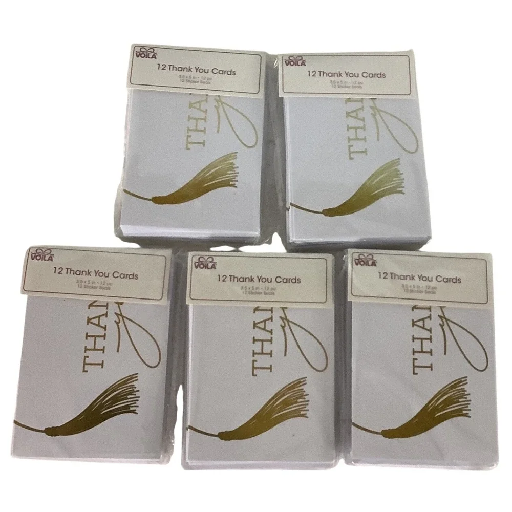 Voila 5 Pack Thank You Cards with Sticker Seals Gold Tassel White 60 Count Total